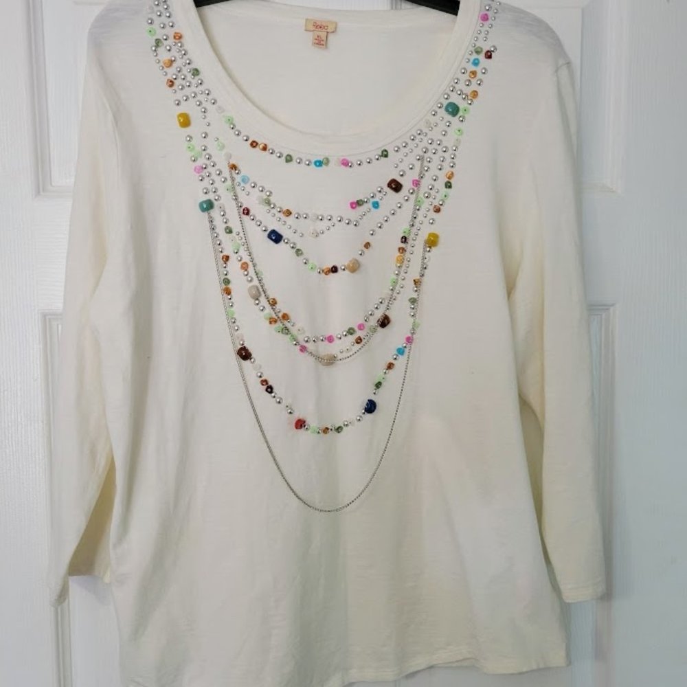 Reba cream tunic top with 3/4 sleeves and beaded strands XL